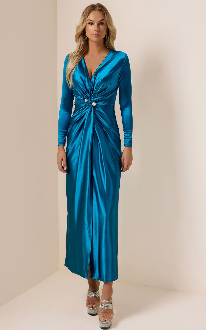 Satin Solid Faux Pearl Midi Dress