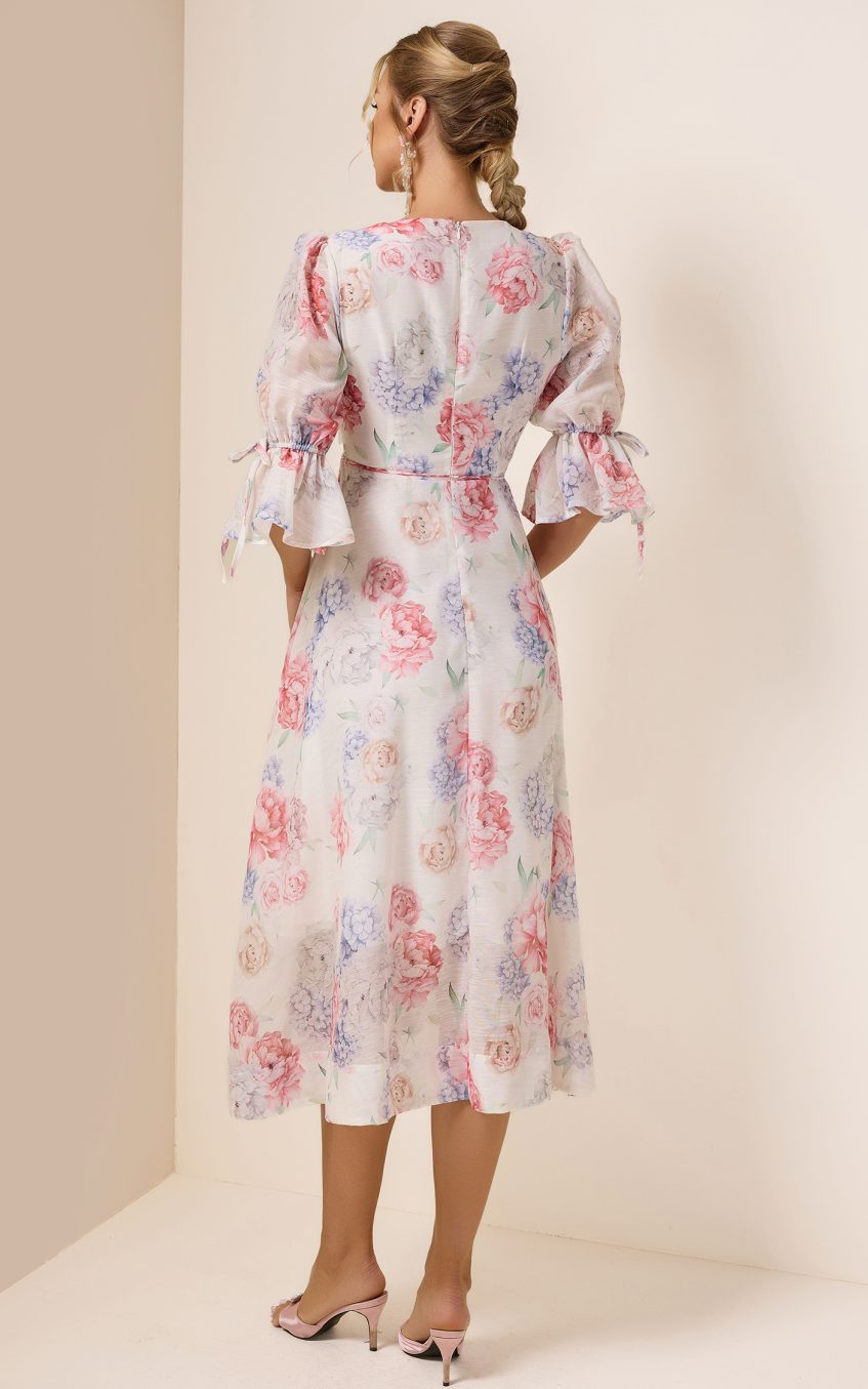 3D Flower Floral Lantern Sleeve Midi Dress