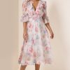 3D Flower Floral Lantern Sleeve Midi Dress