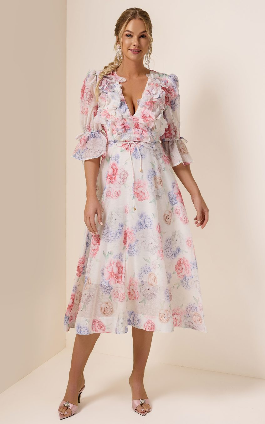3D Flower Floral Lantern Sleeve Midi Dress