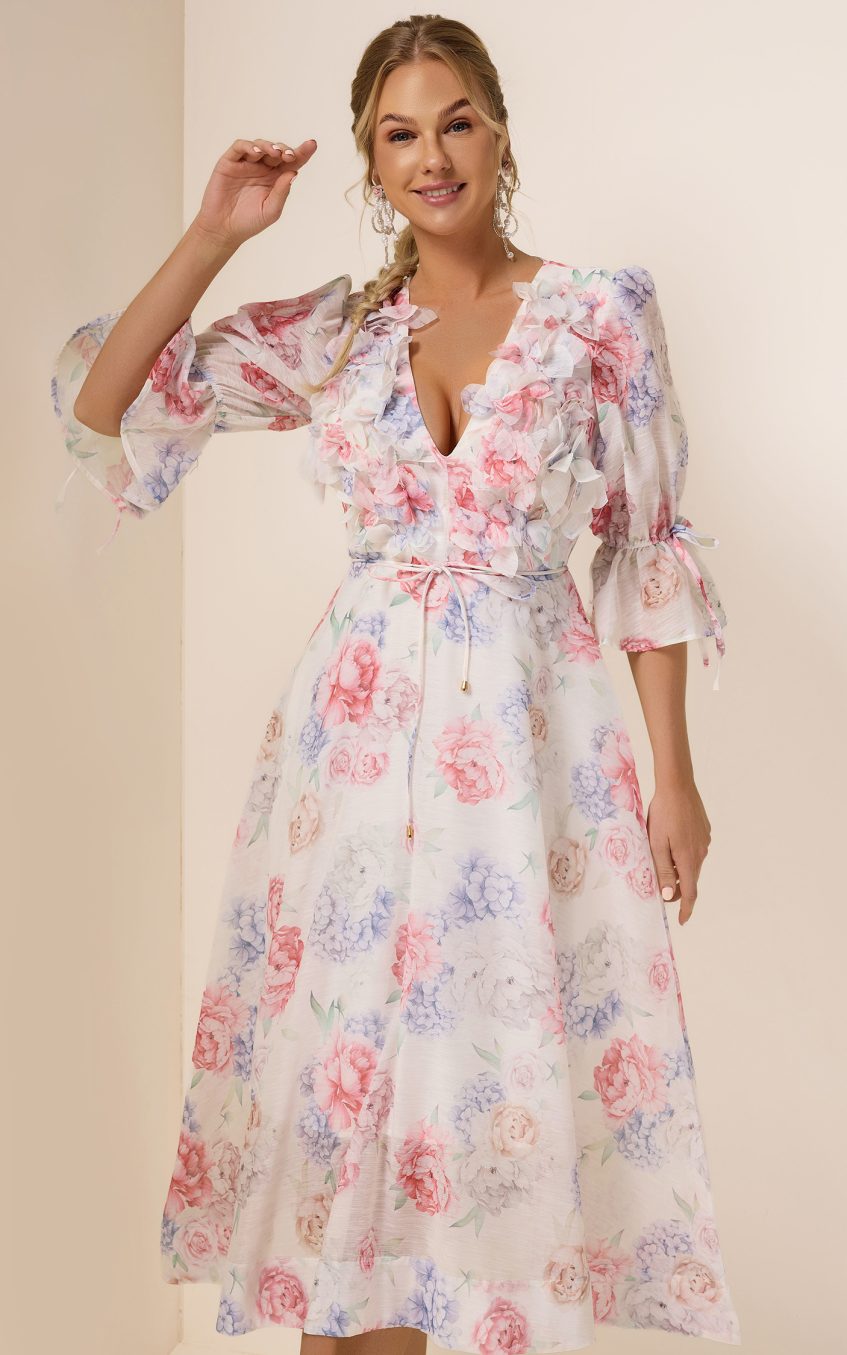 3D Flower Floral Lantern Sleeve Midi Dress