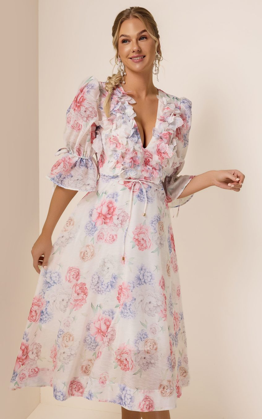 3D Flower Floral Lantern Sleeve Midi Dress