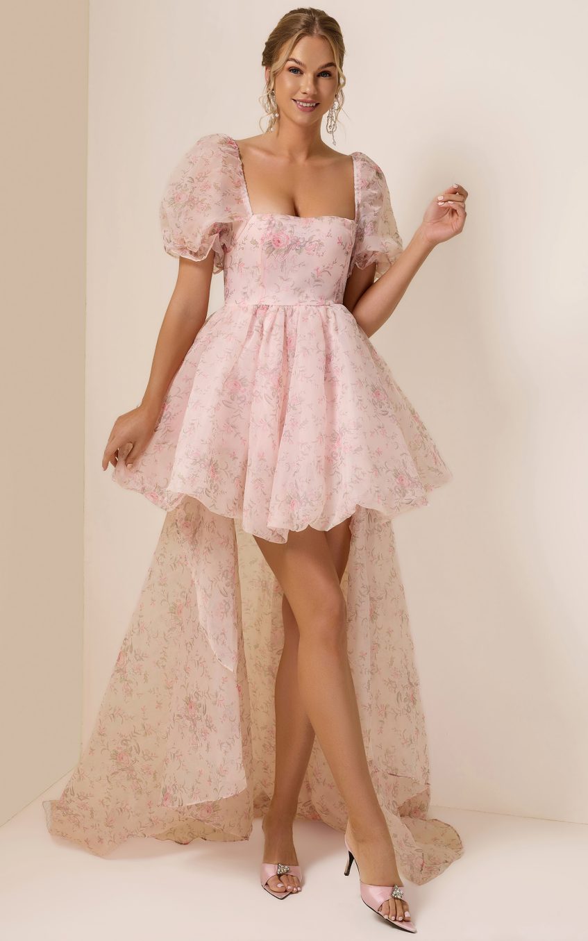 Floral Puff Sleeve Square Neck Mini Dress