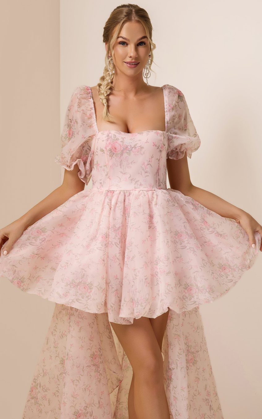 Floral Puff Sleeve Square Neck Mini Dress