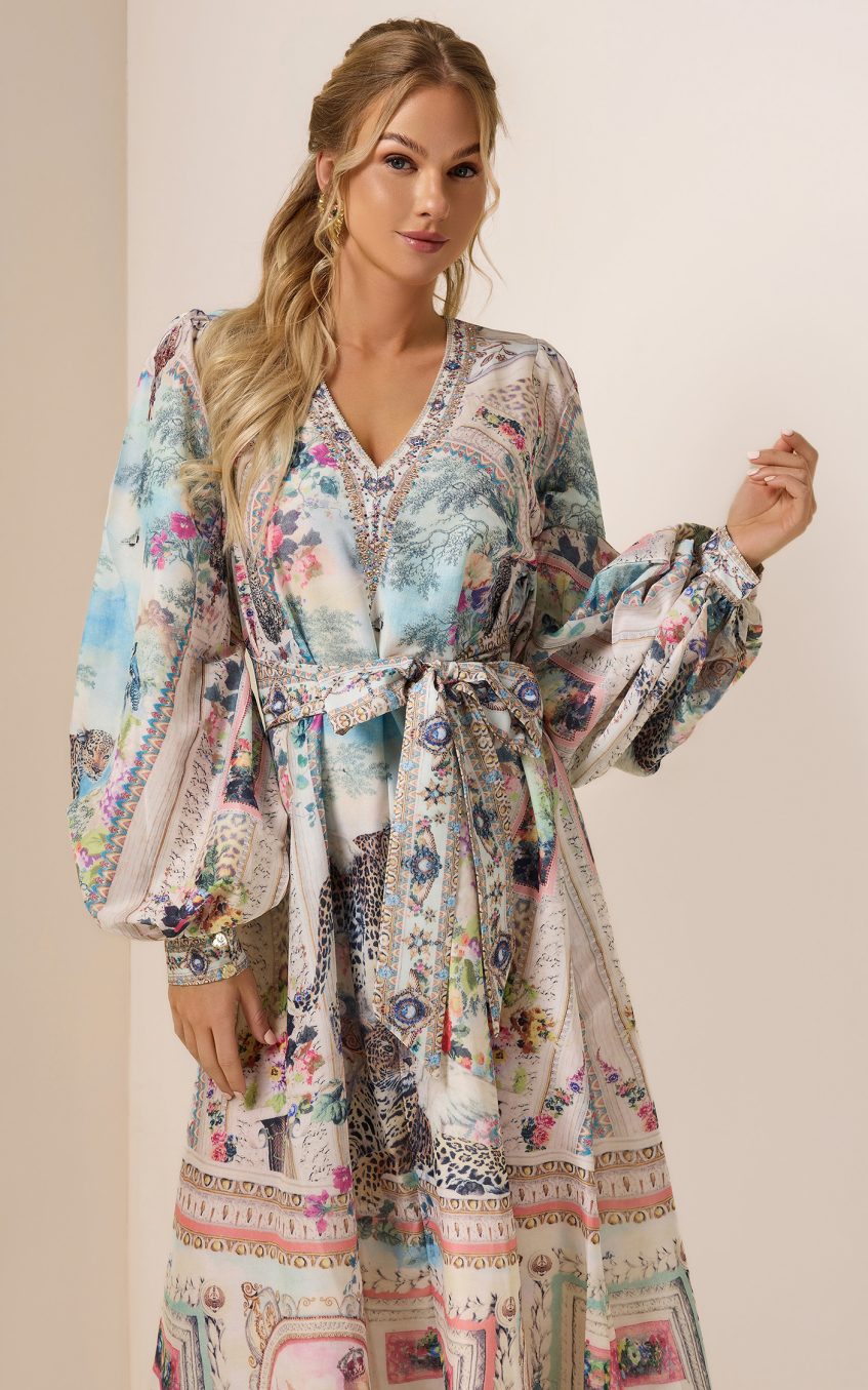 Rhinestone Floral V-Neck Midi Dress