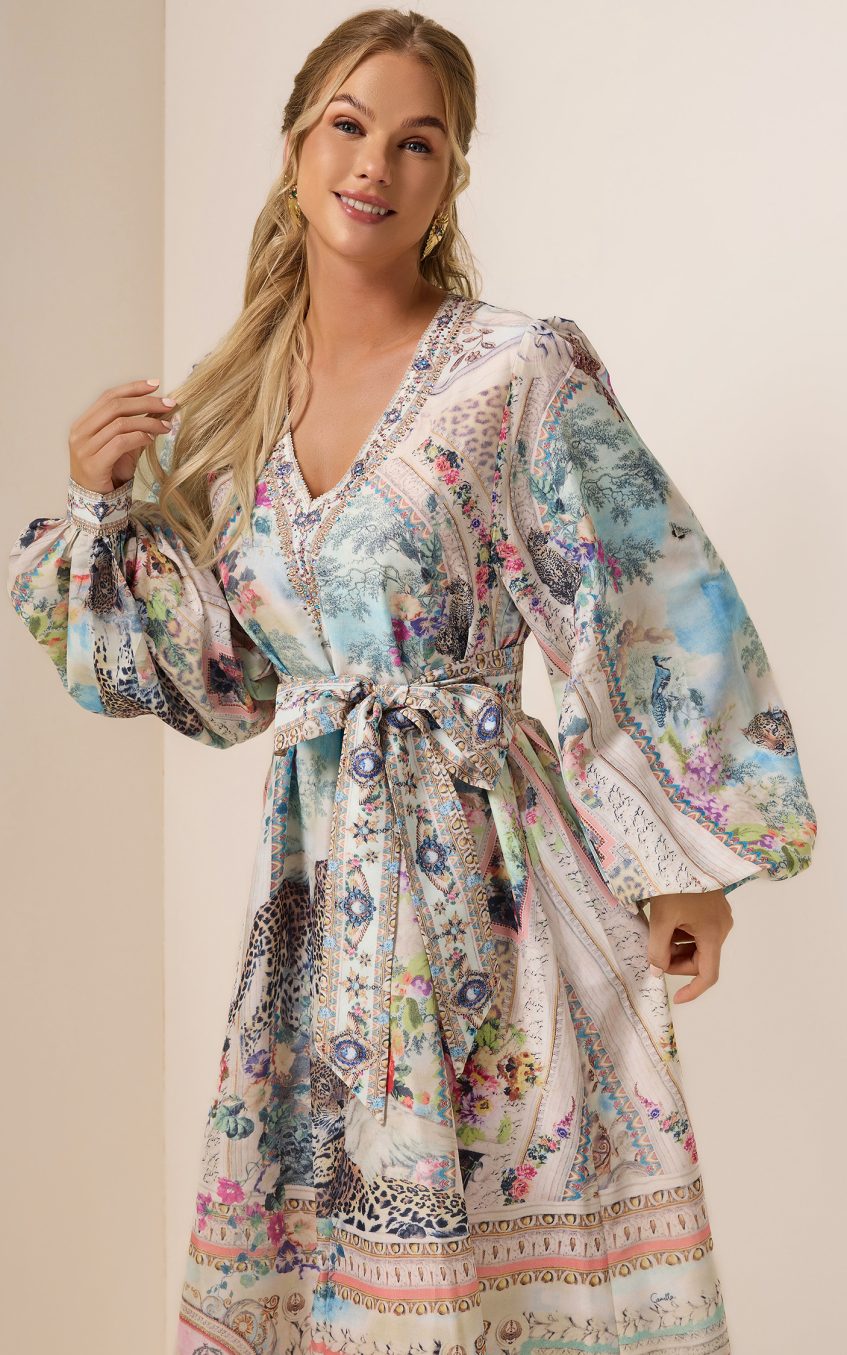 Rhinestone Floral V-Neck Midi Dress