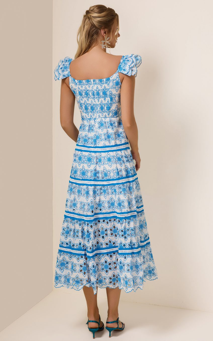 Embroidered Smocking Square Collar Maxi Dress