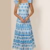 Embroidered Smocking Square Collar Maxi Dress