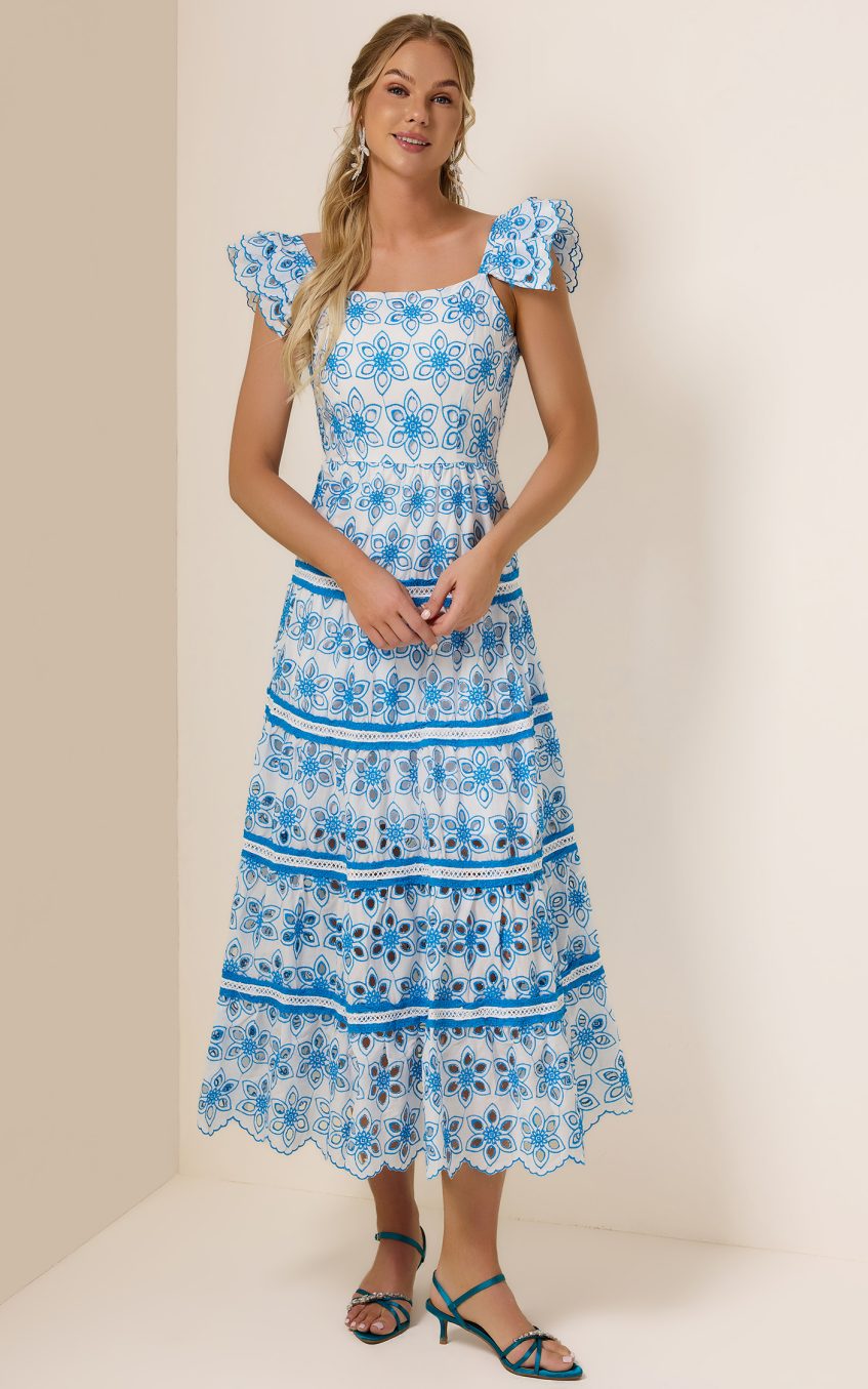 Embroidered Smocking Square Collar Maxi Dress