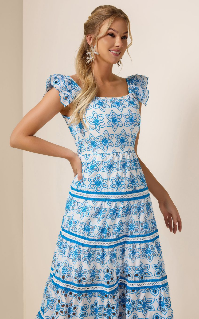 Embroidered Smocking Square Collar Maxi Dress