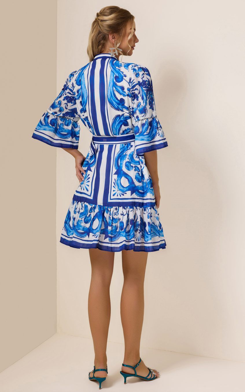 Paisley Print Bell Sleeve Mini Dress With Belt