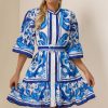 Paisley Print Bell Sleeve Mini Dress With Belt