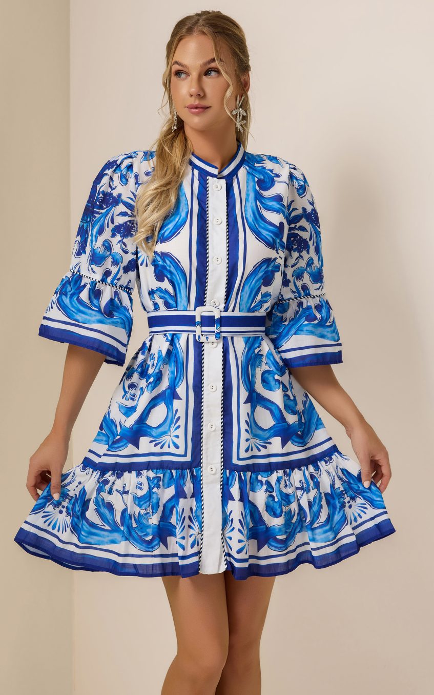 Paisley Print Bell Sleeve Mini Dress With Belt