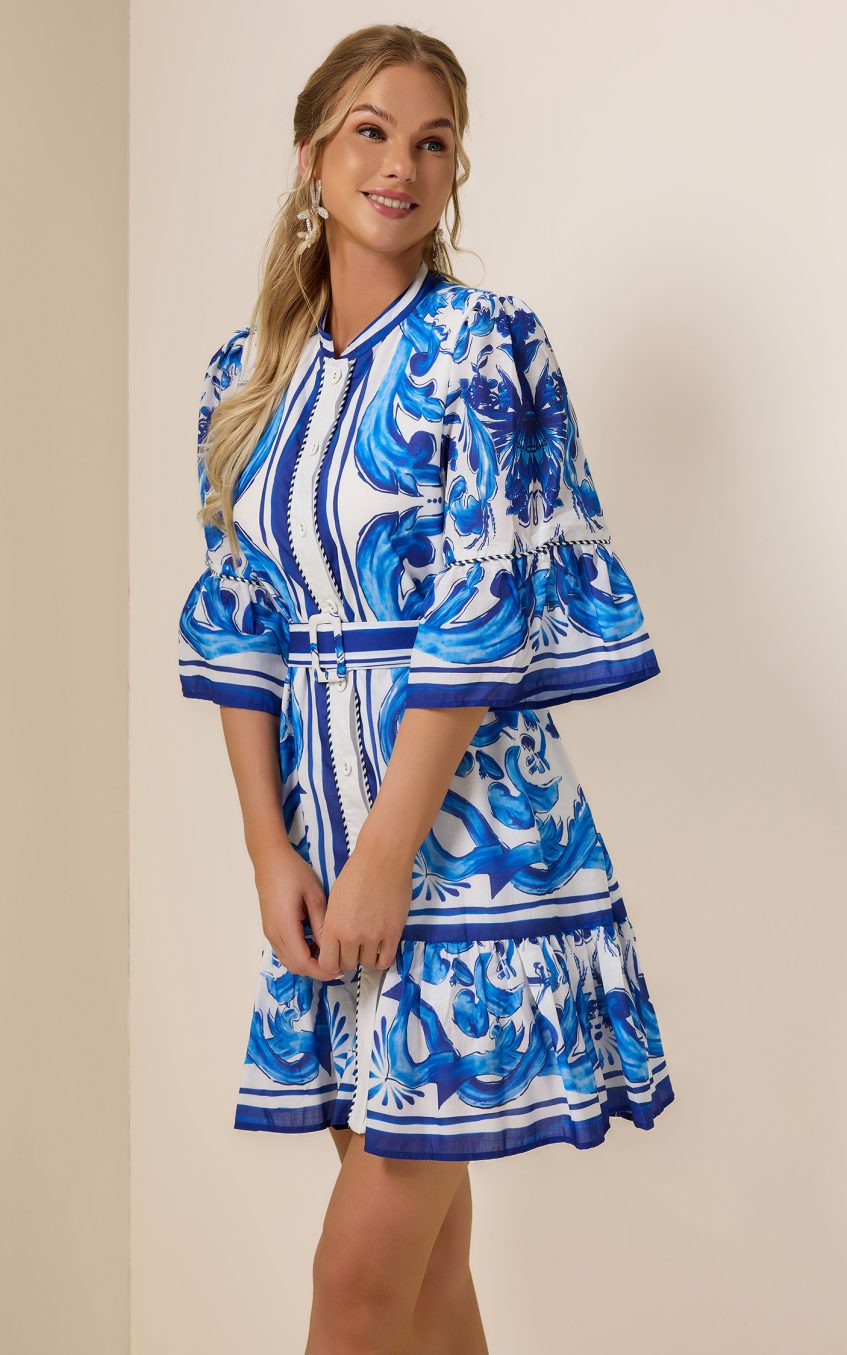 Paisley Print Bell Sleeve Mini Dress With Belt
