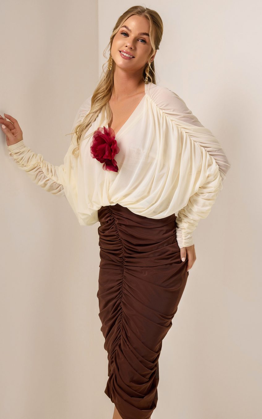 3D Flower Shirring V-Neck Midi Dress