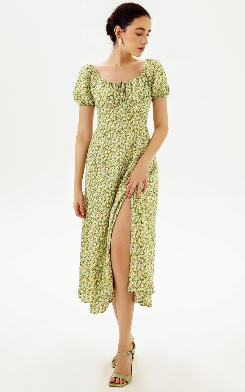 Floral Slit Puff Sleeve Midi Dress
