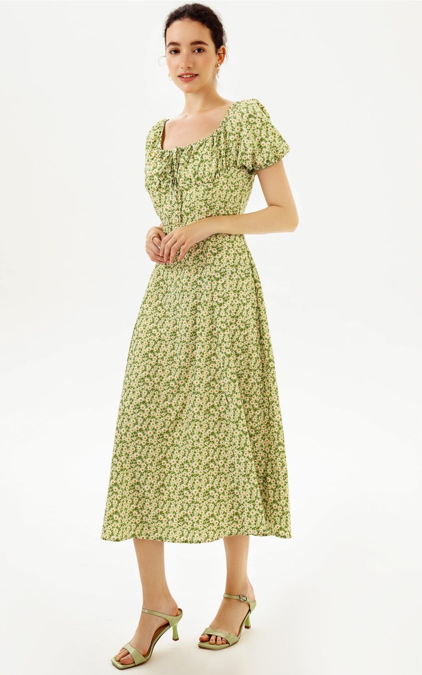 Floral Slit Puff Sleeve Midi Dress