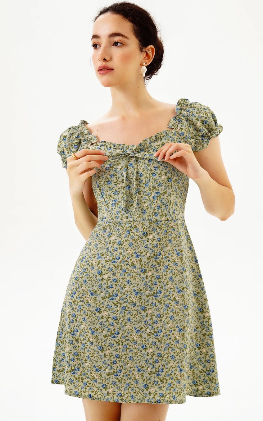 Short Sleeve U-Neck Print Mini Dress Green