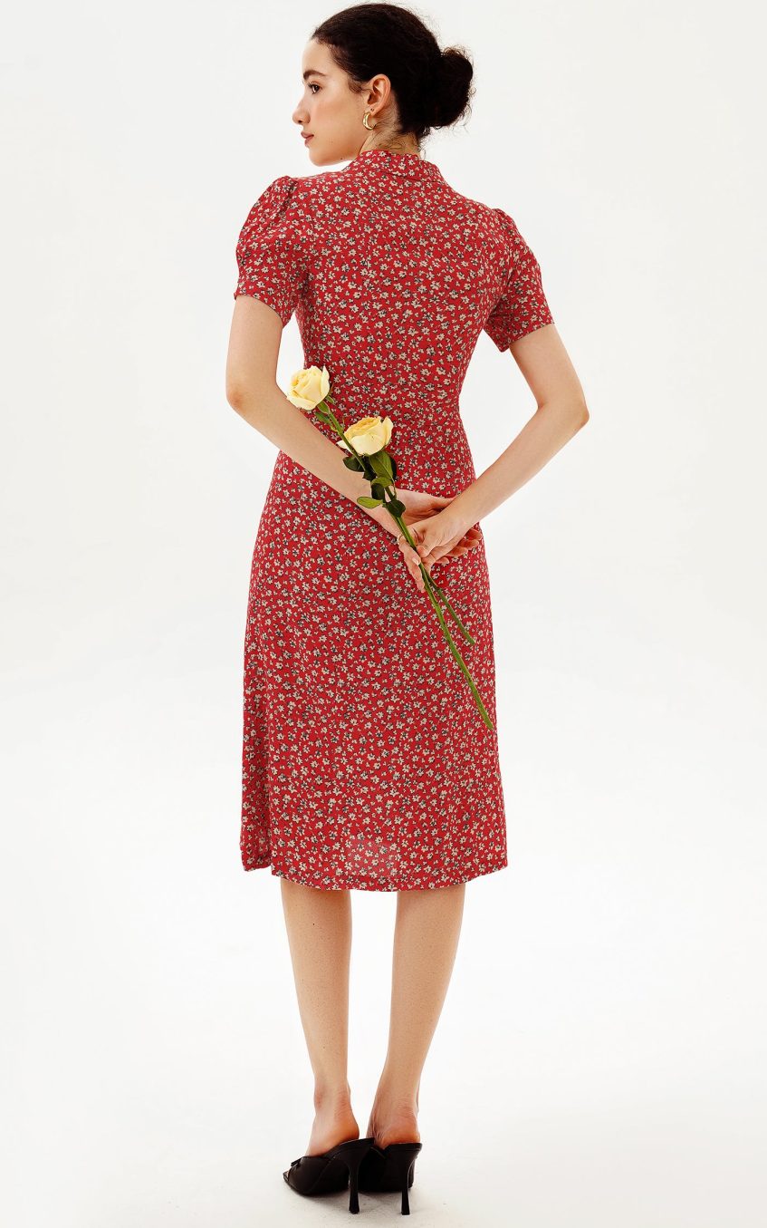 Puff Sleeve Lapel Print Midi Dress Red