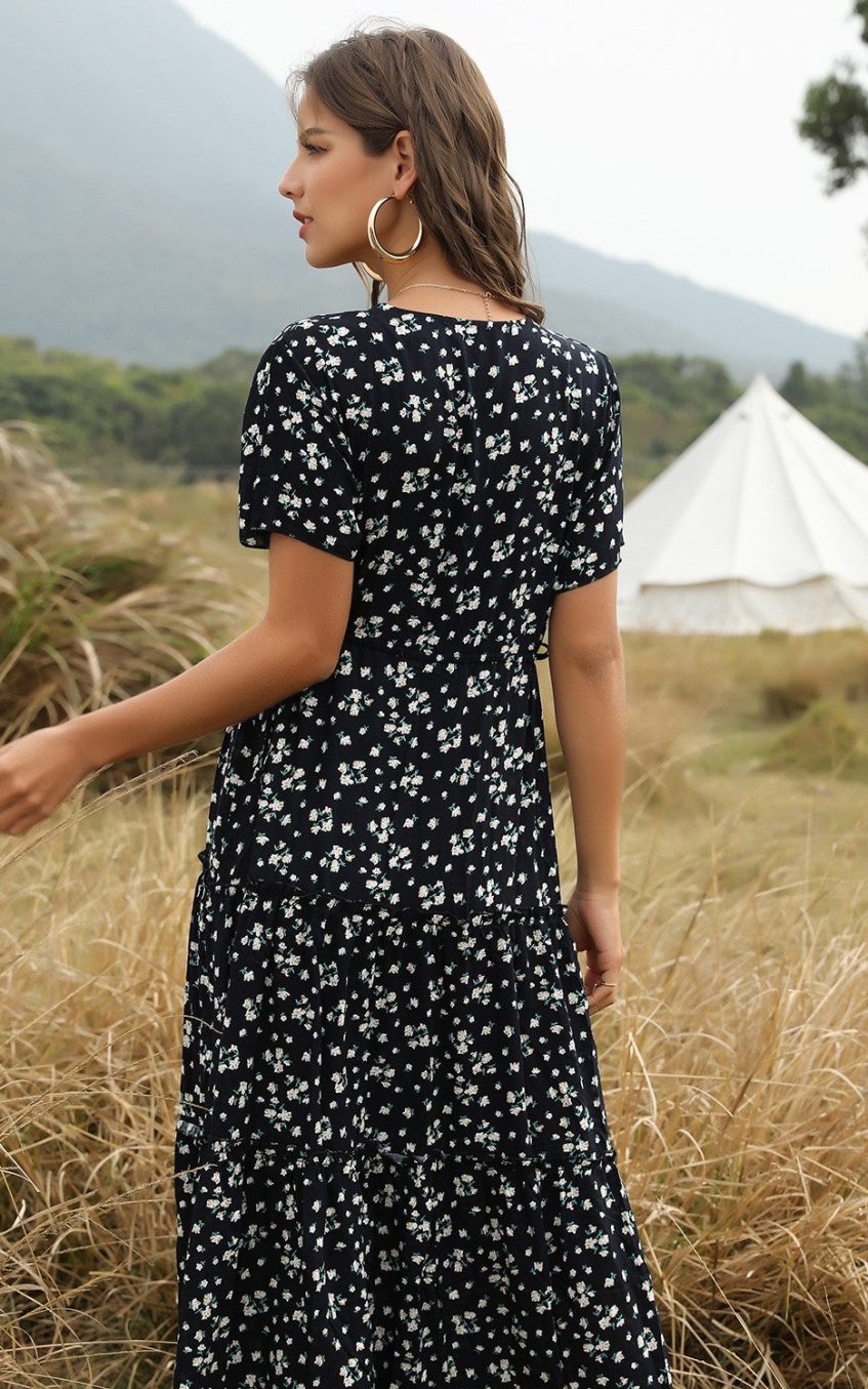 Cotton Ruffle Floral Bohemian Dress Blue