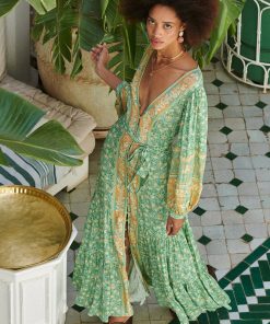 Floral Long Sleeve V-Neck Drapped Midi Dress Green