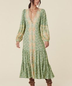 Floral Long Sleeve V-Neck Drapped Midi Dress Green