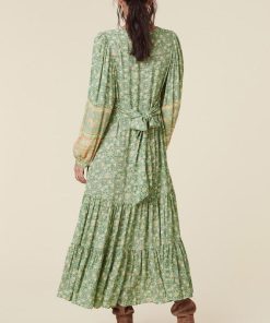 Floral Long Sleeve V-Neck Drapped Midi Dress Green