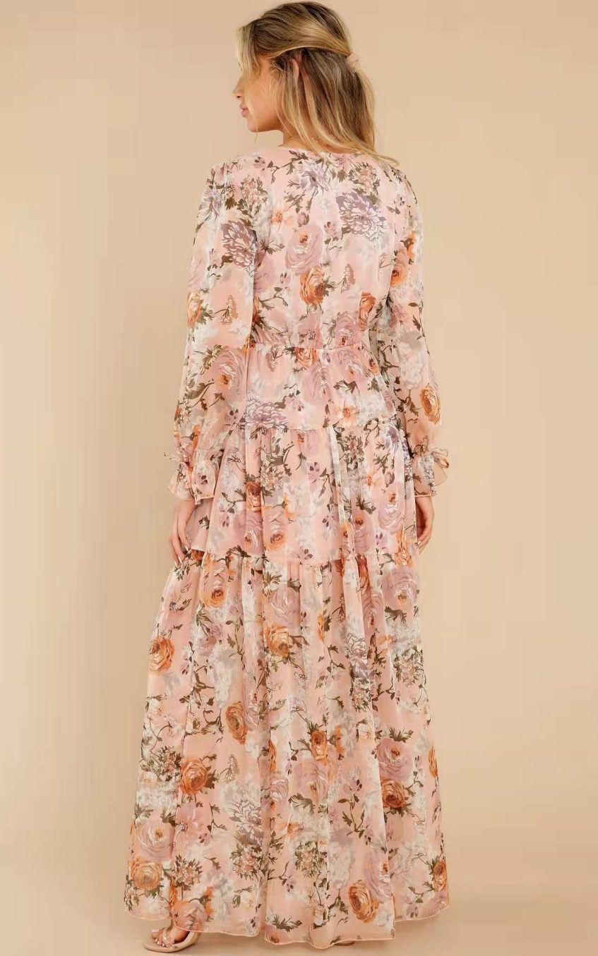 Floral Puff Sleeve V-Neck Ruffle Hem Maxi Dress White