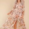 Floral Puff Sleeve V-Neck Ruffle Hem Maxi Dress White