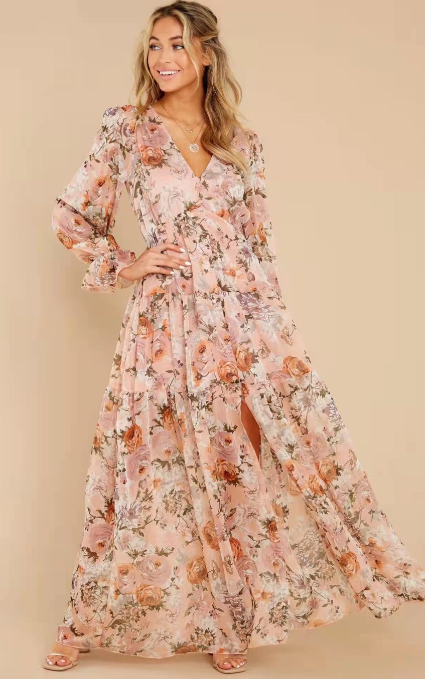 Floral Puff Sleeve V-Neck Ruffle Hem Maxi Dress White
