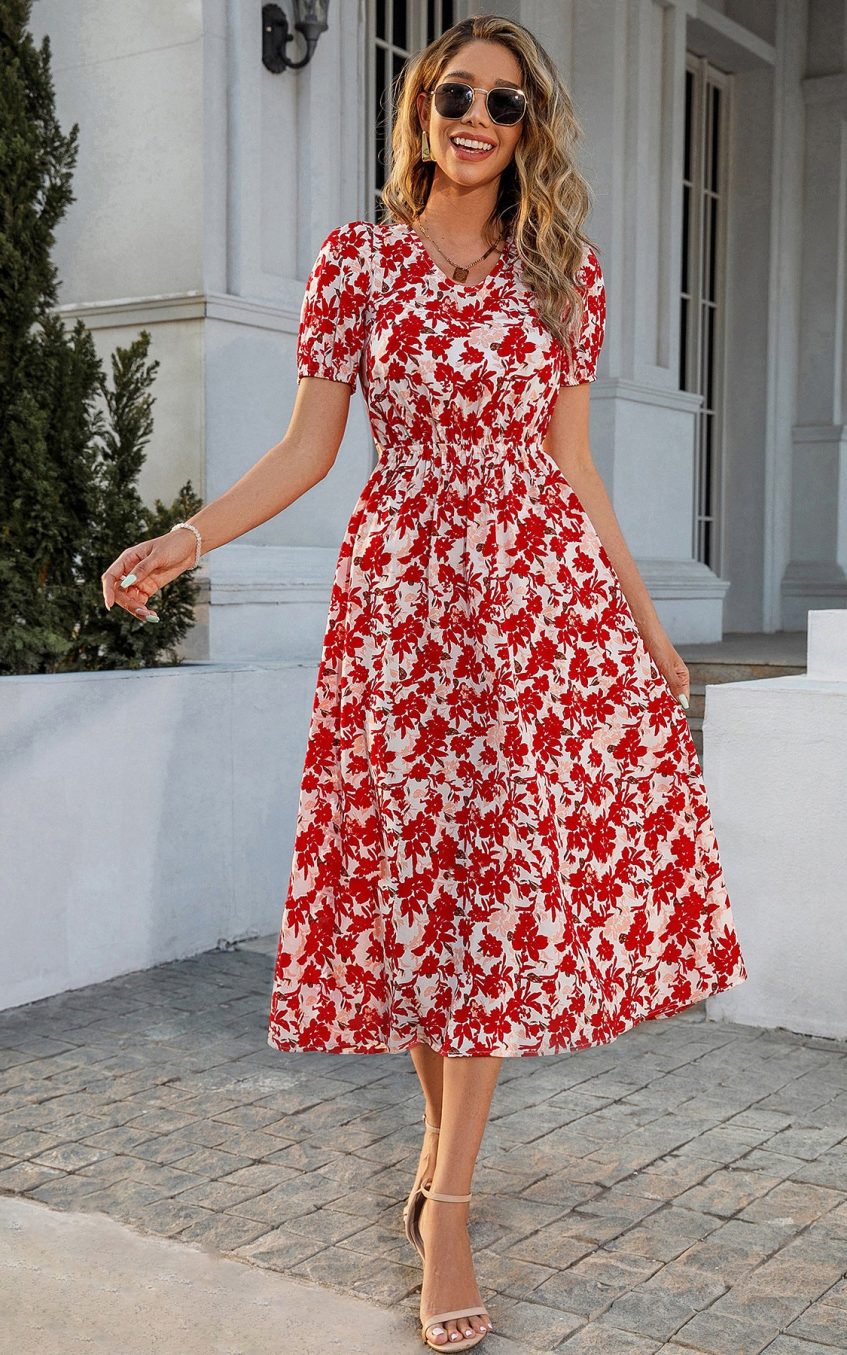 Floral Puff Sleeve Lace Up Backless Midi Dress