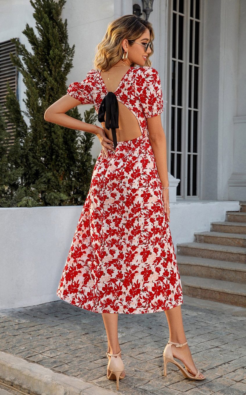 Floral Puff Sleeve Lace Up Backless Midi Dress