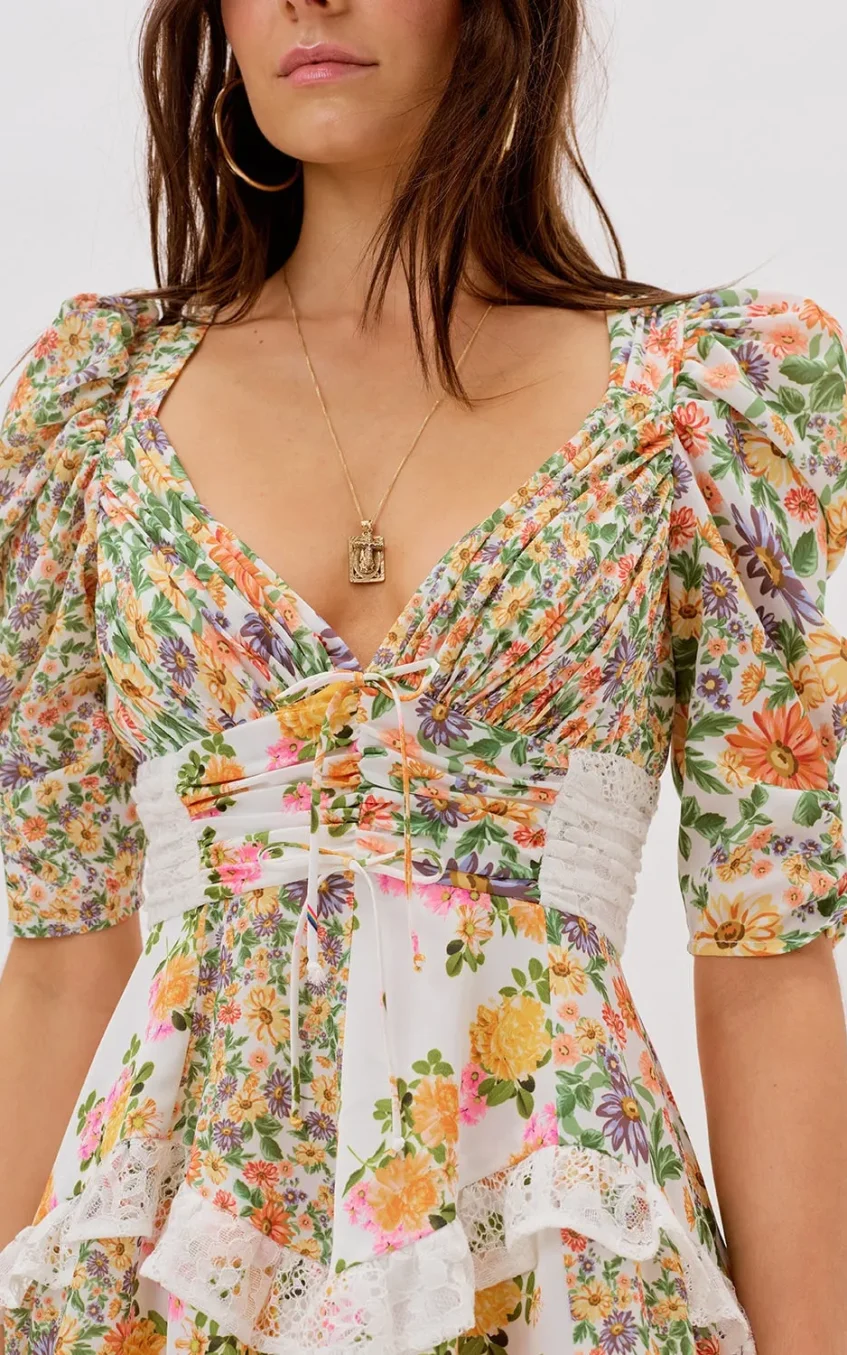 Floral V-Neck Puff Sleeve Ruffle Hem Mini Dress Yellow