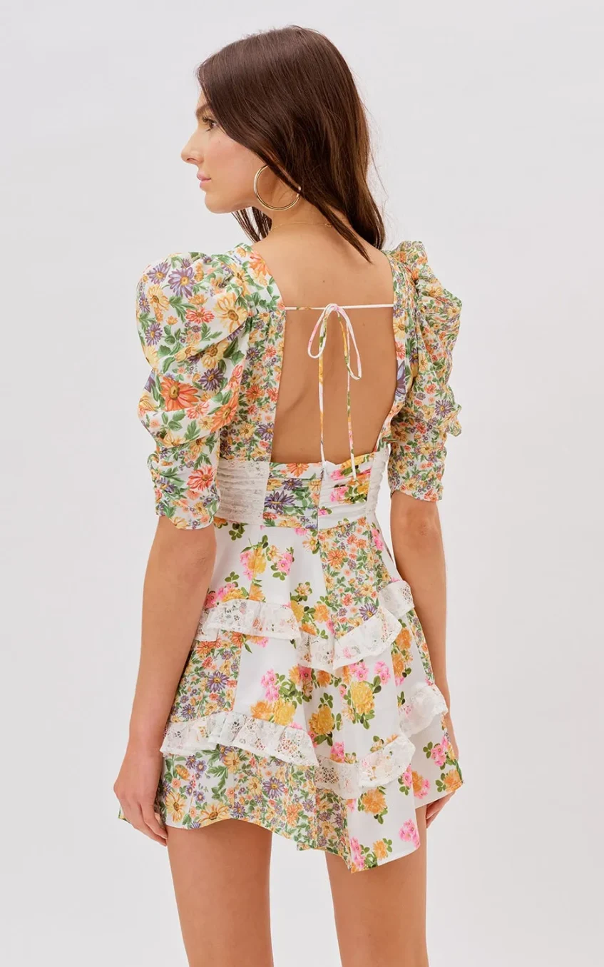 Floral V-Neck Puff Sleeve Ruffle Hem Mini Dress Yellow