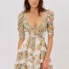 Floral V-Neck Puff Sleeve Ruffle Hem Mini Dress Yellow