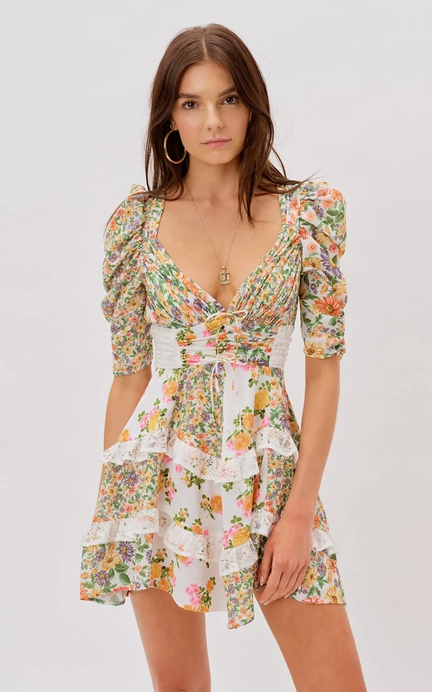 Floral V-Neck Puff Sleeve Ruffle Hem Mini Dress Yellow