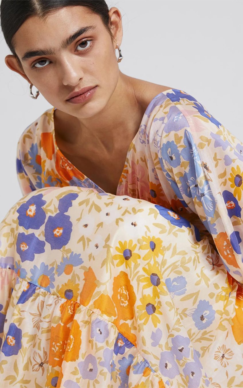 Floral Puff Sleeve V-Neck Maxi Dress