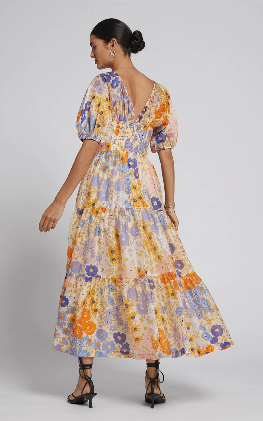 Floral Puff Sleeve V-Neck Maxi Dress