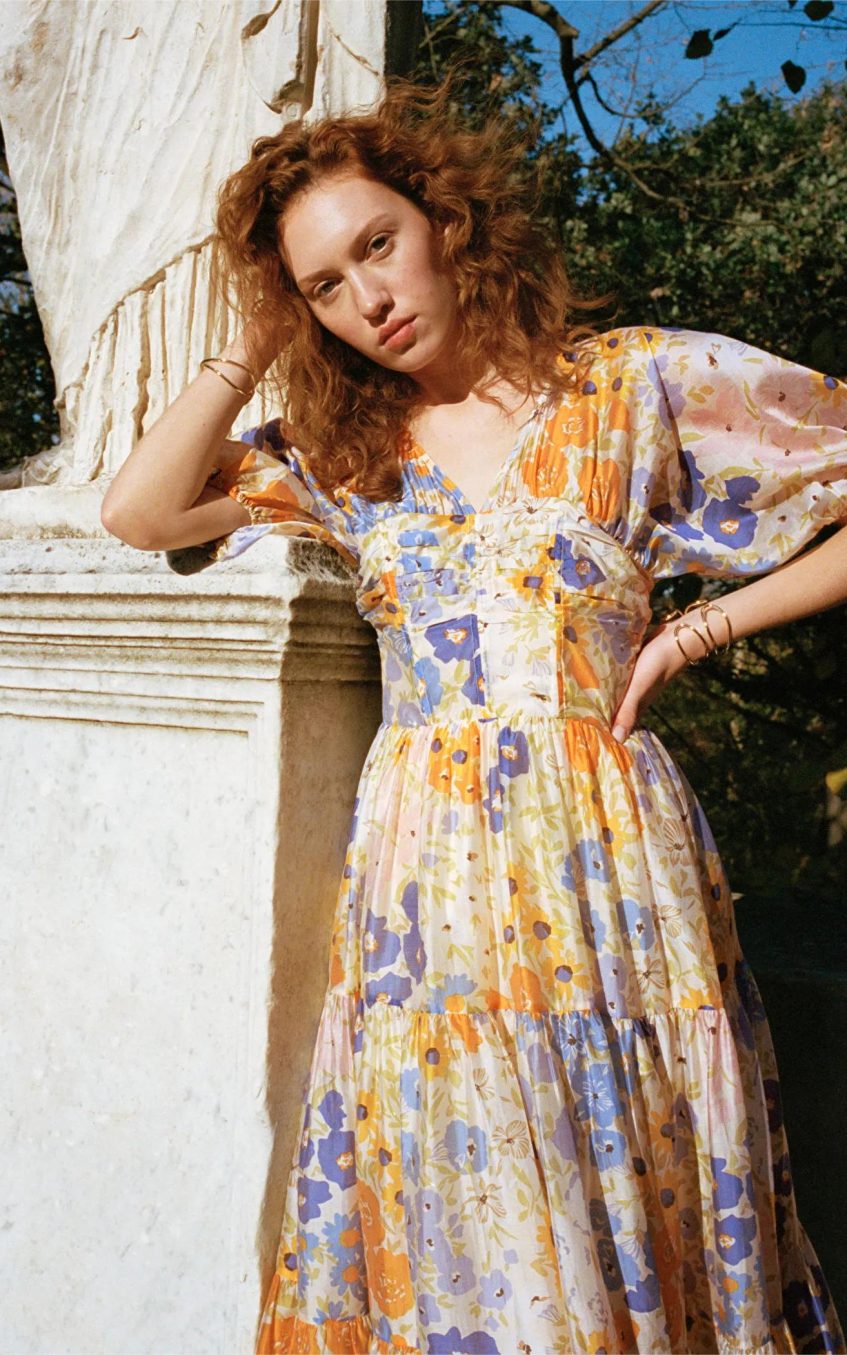 Floral Puff Sleeve V-Neck Maxi Dress