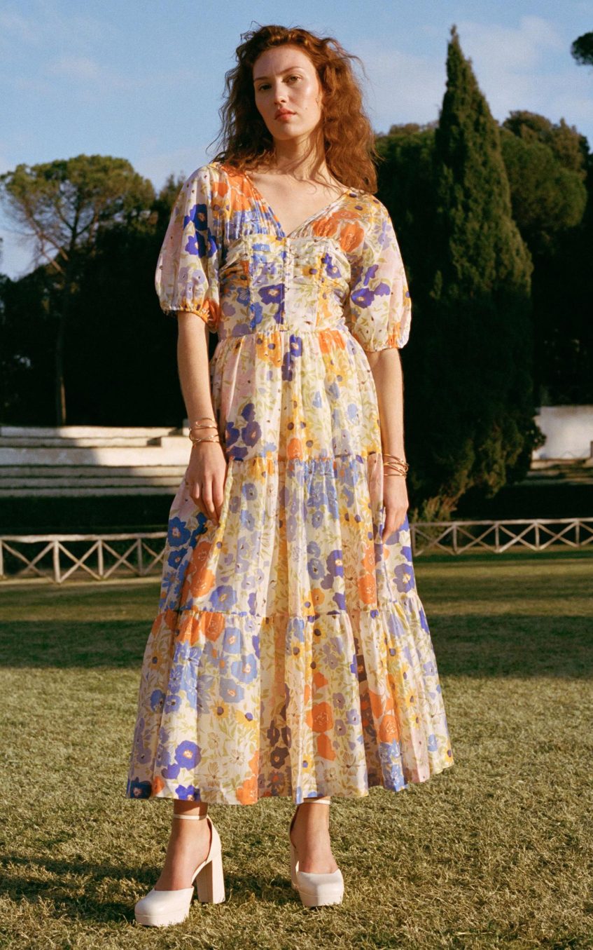 Floral Puff Sleeve V-Neck Maxi Dress