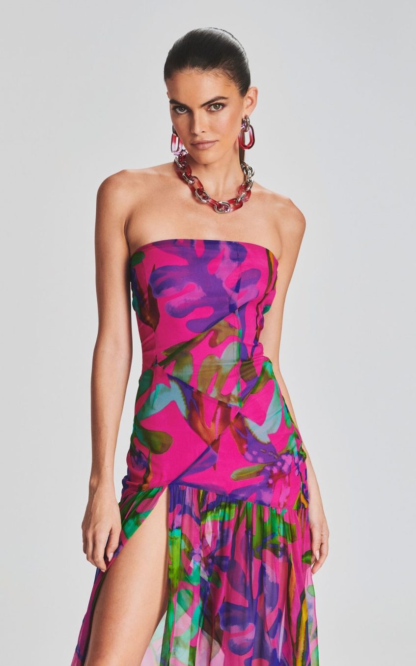 Floral Tube Top Slit Backless Maxi Dress