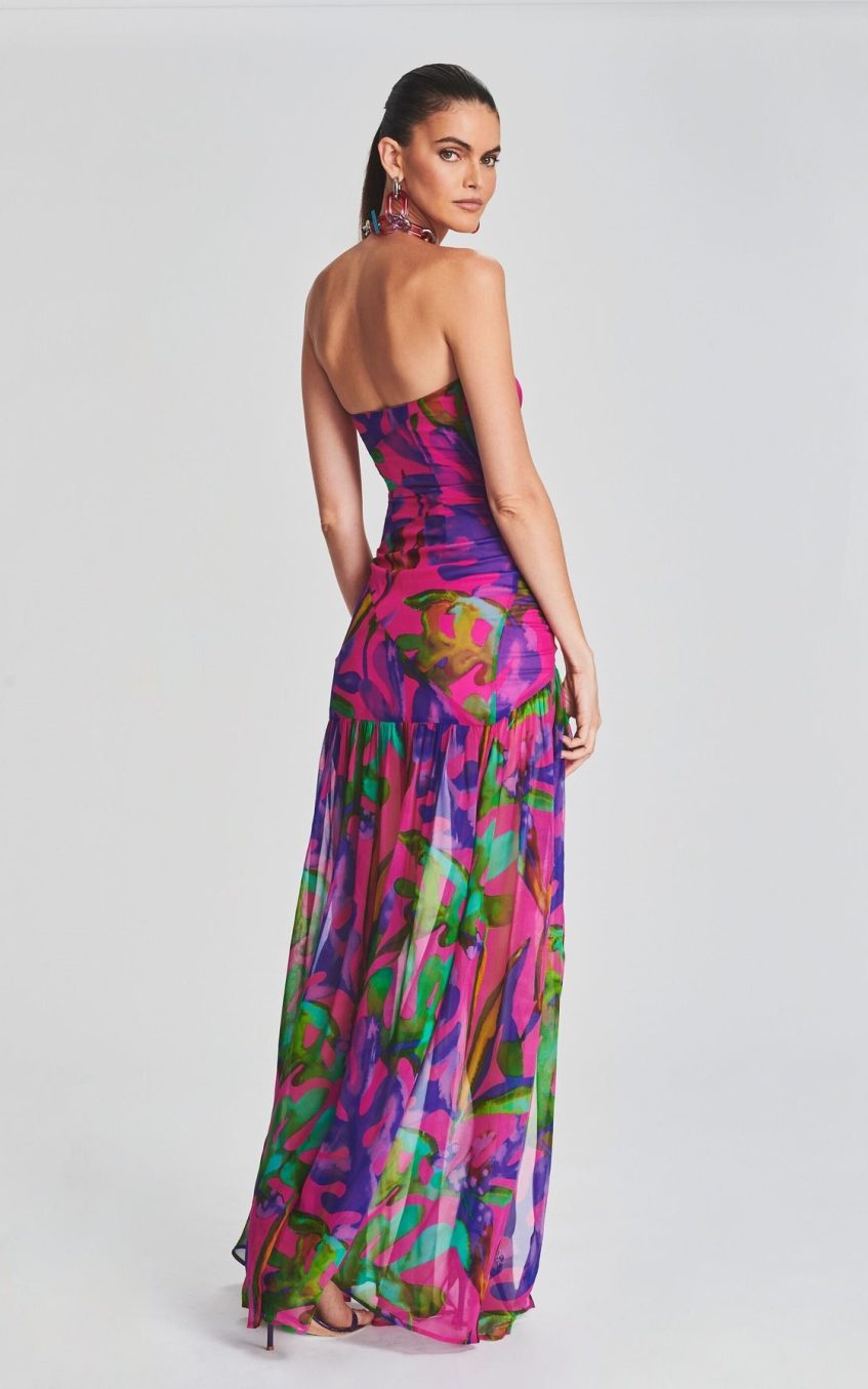 Floral Tube Top Slit Backless Maxi Dress