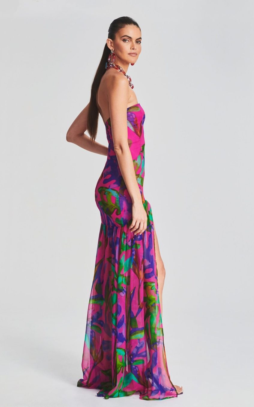 Floral Tube Top Slit Backless Maxi Dress