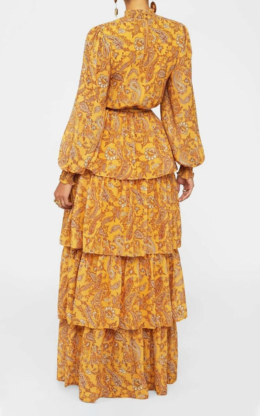 Floral Lantern Sleeve Stand Collar Belted Tiered Ruffle Trim Maxi Dress