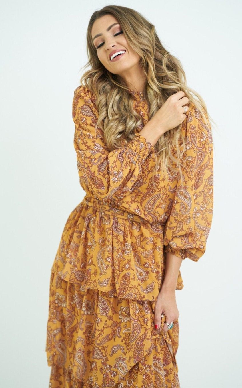 Floral Lantern Sleeve Stand Collar Belted Tiered Ruffle Trim Maxi Dress