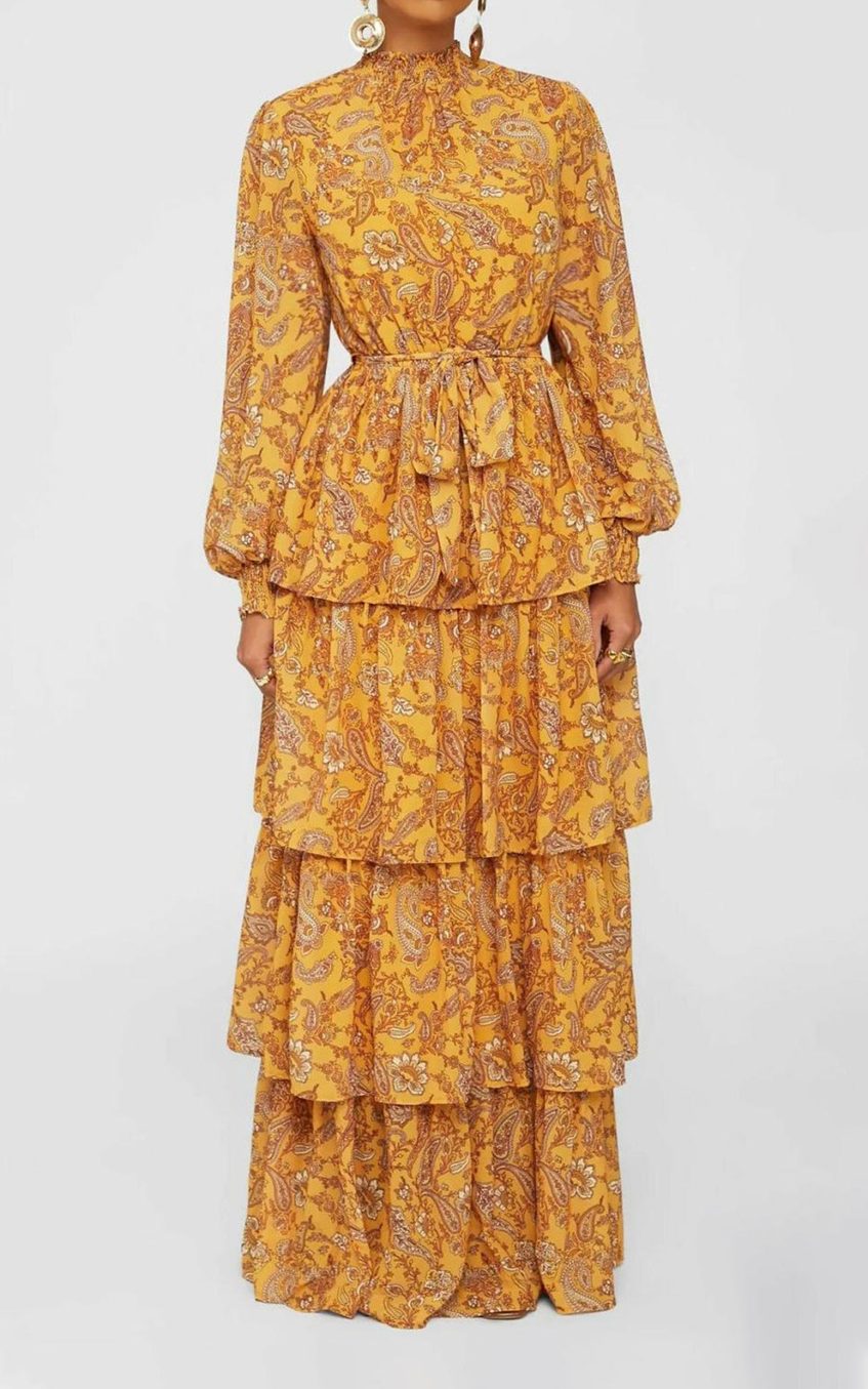 Floral Lantern Sleeve Stand Collar Belted Tiered Ruffle Trim Maxi Dress