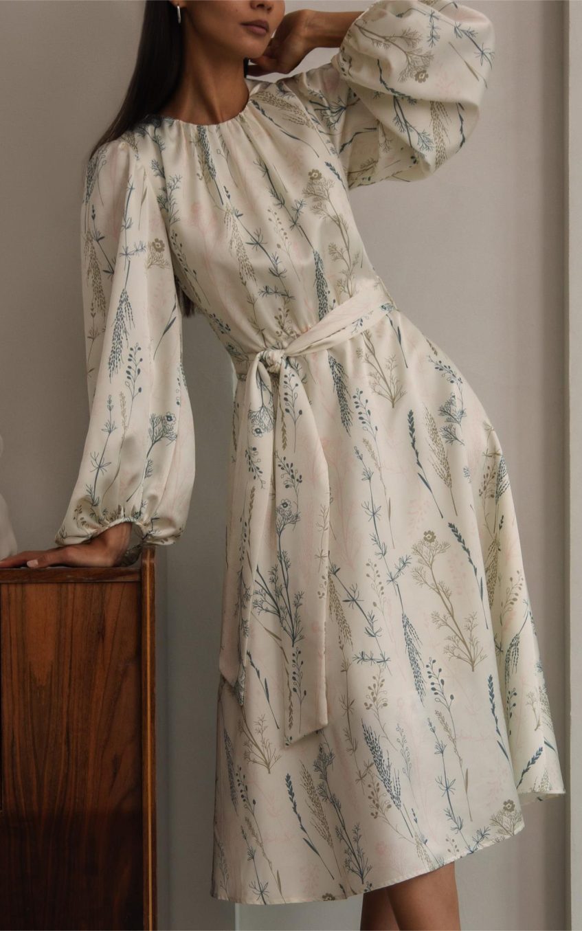 Floral Lantern Sleeve Crew Collar Lace Up Midi Dress