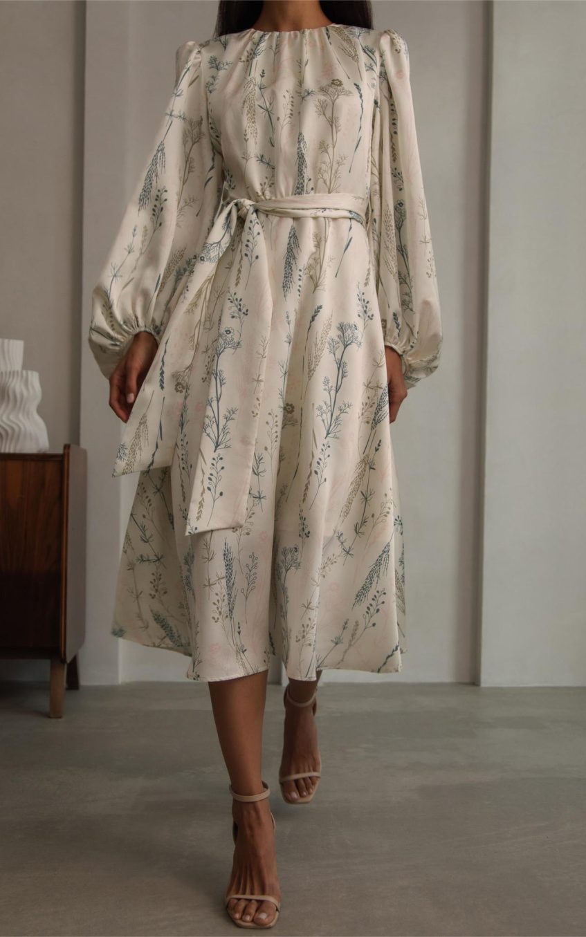 Floral Lantern Sleeve Crew Collar Lace Up Midi Dress