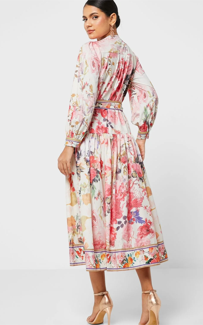 Floral Long Sleeve Crew Collar Buttoned Lace Up Midi Dress