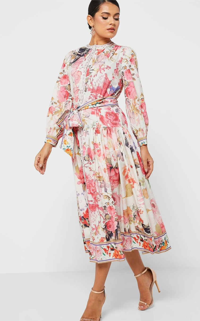 Floral Long Sleeve Crew Collar Buttoned Lace Up Midi Dress